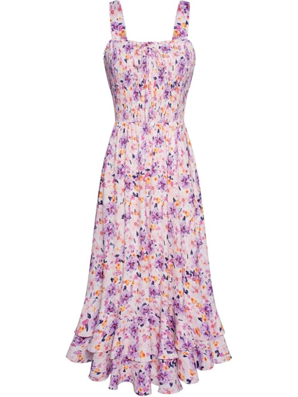 Women's Purple Yellow Square Neck Strapped A LINE Floral Boho Long Maxi Dress